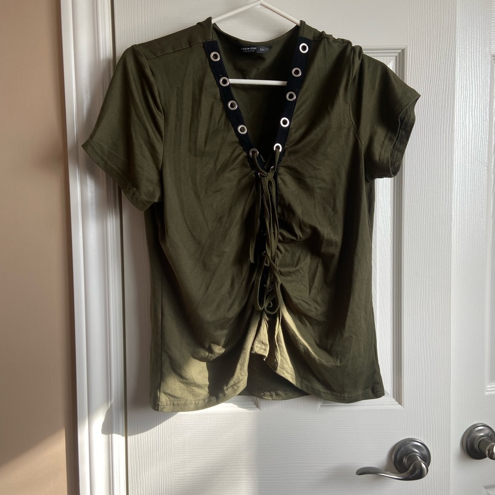 Green/Black Eyelet Lace-up top